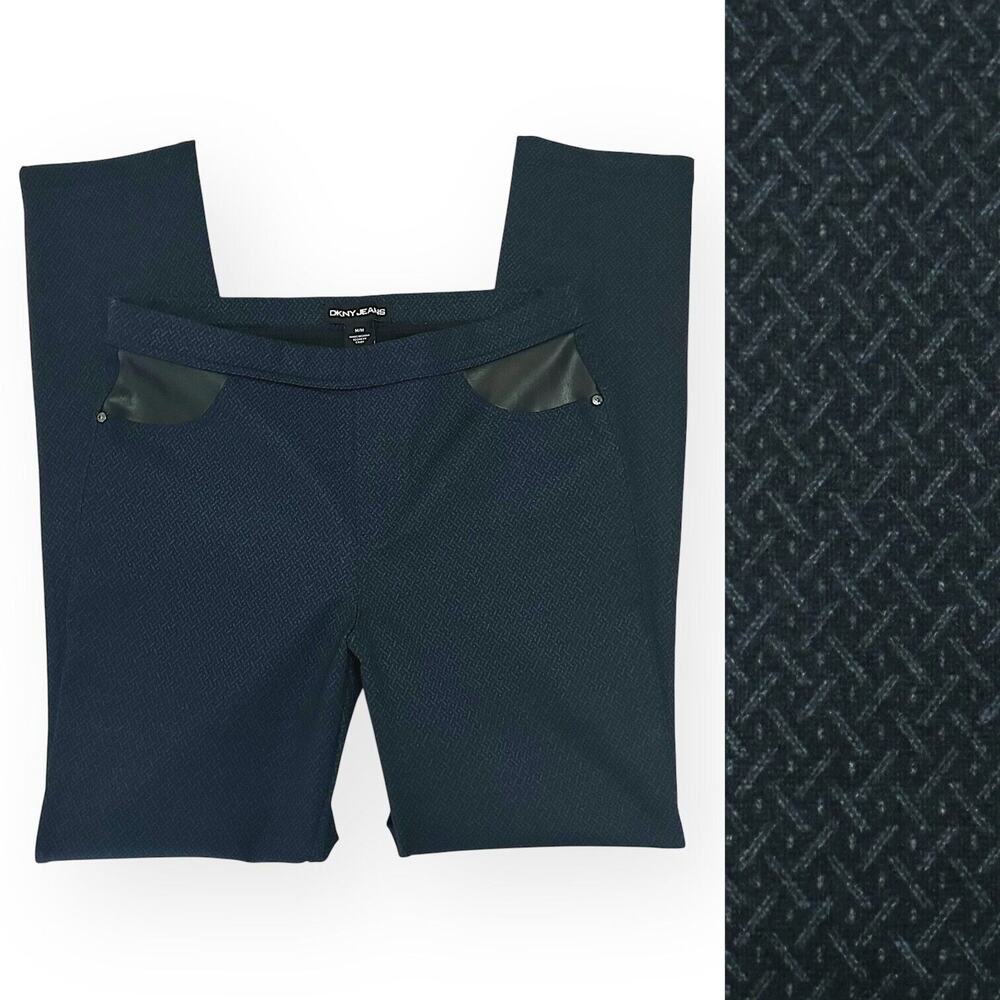 DKNY Pull On Ponte Pants Leather Navy Blue Diamond Lattice Work Career Medium